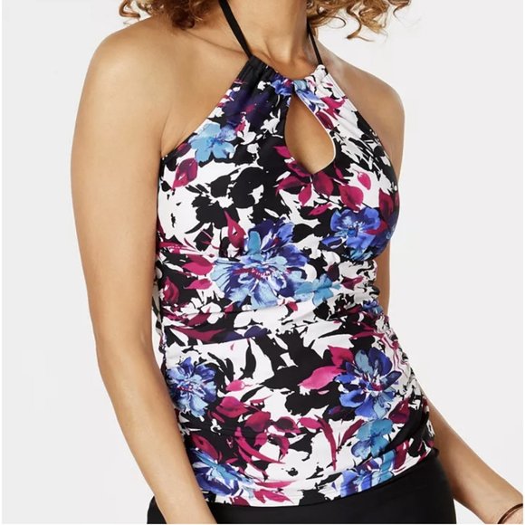 Island Escape Swim Society Printed Horizon Keyhole Tankini Top - Purple Floral - Picture 1 of 2